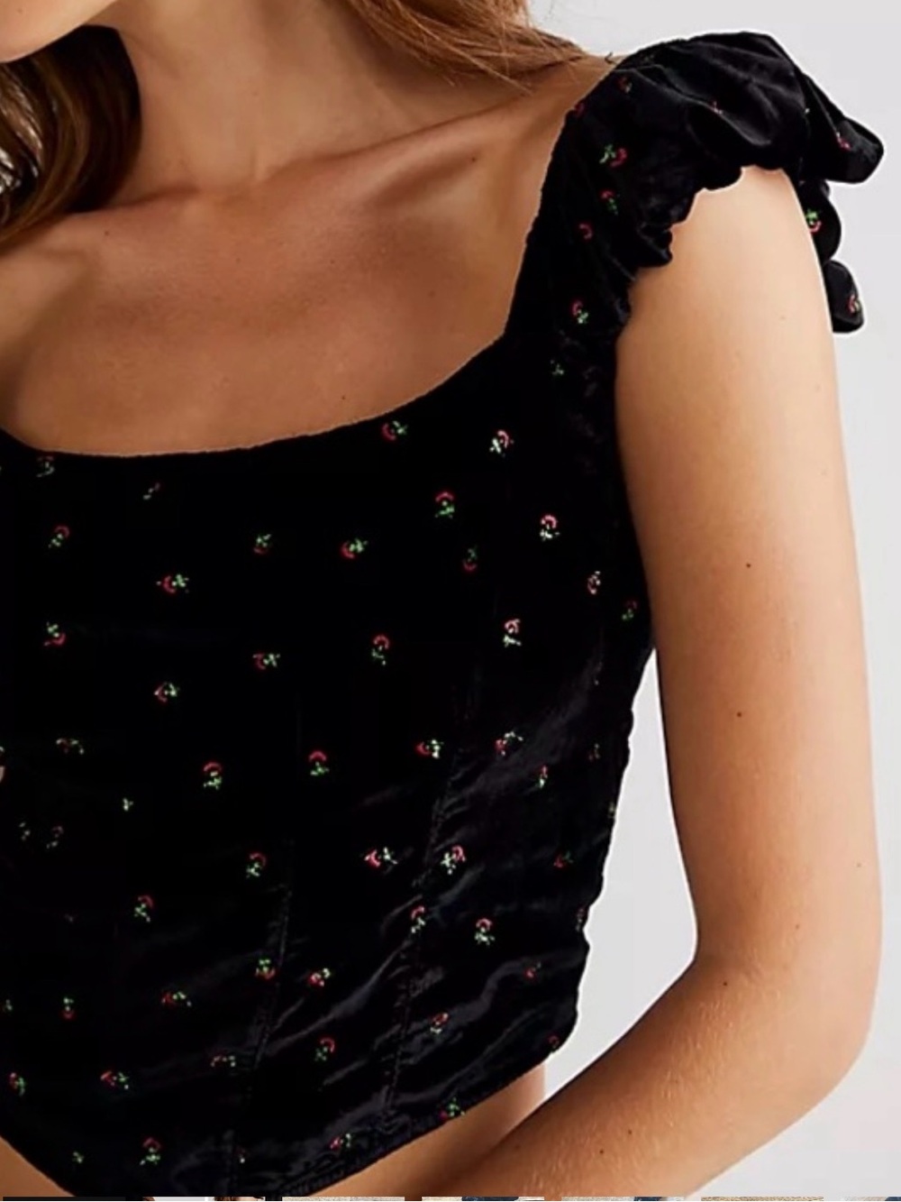 Free People Black Velvet Tank with Red & Green Floral Embroidery XS - Picture 2 of 8